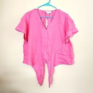 Charter club linen tie front top, short sleeve, Bubble gum pink Womens petite XL